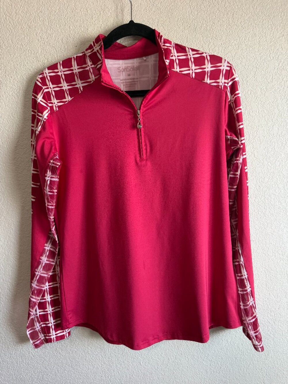 Women's SanSoleil Pink Grid Long Sleeve 1/4 Zip Athletic Golf Top Size M